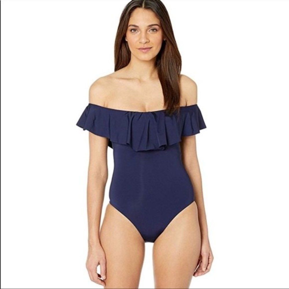 Trina Turk Womens Size 2 Off the Shoulder One Piece Swim Navy